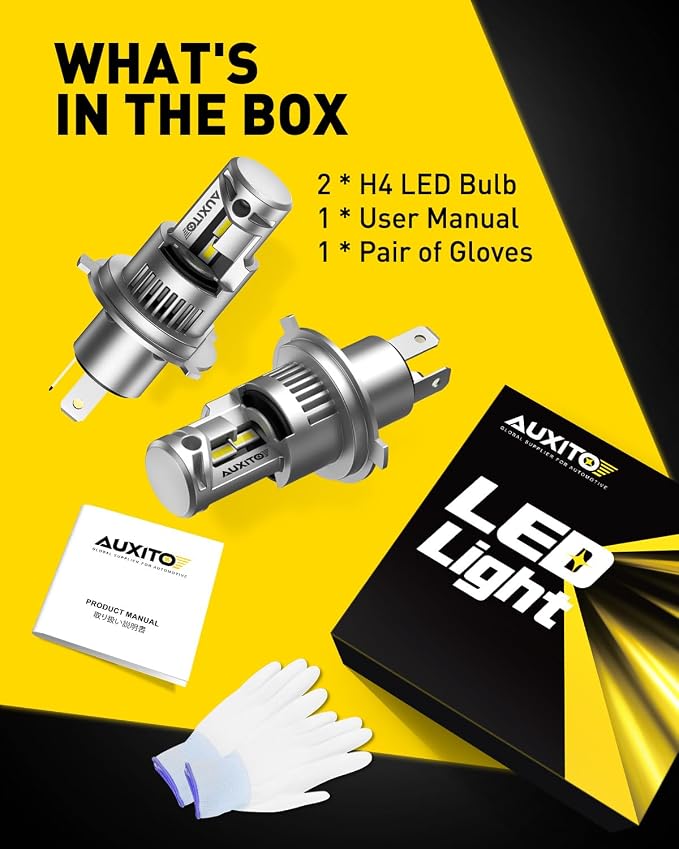 AUXITO New Upgraded H4 Bulbs, 900% Ultra Brightness, 1:1 Halogen Size, 6500K White, 9003 Fog Light, Non-polarity, Plug and Play, Pack of 2