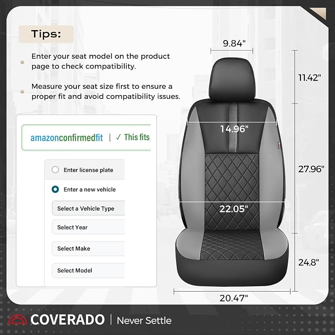 Coverado Car Seat Covers Front Pair, Automotive Leather Seat Covers for Car,Universal Fit Front Back Seat Cover, Non-Slip Waterproof Breathable Car Seat Protector