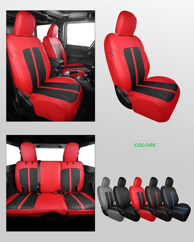 for Jeep Wrangler Seat Covers 4Door JK 2013 2014 2015 2016 2017, Custom Fit Car Seat Cover Full Set, Luxury Leather Seat Protectors, Waterproof SUV Interior Cushions Accessories, Red Black