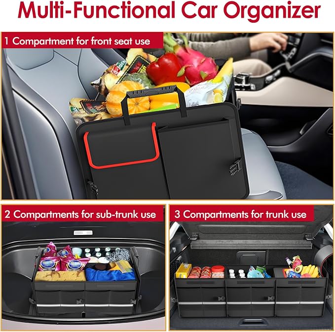 MEI&CO Car Trunk Organizer - 2.5mm PP Board Built, 35L Leakproof Cooler, 105L Capacity, 2 Tie-Down Straps, 4 Adjustable Dividers, Foldable Design for SUVs, Trucks, and Cars