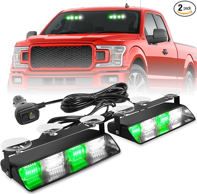 HLauto 2002L Emergency Dash Strobe Lights: Green White Safety Lights, Flashing Warning Hazard Windshield Visor Traffic Light Bars for Trucks, Construction Vehicles (2x8.5 inch, 48LED)