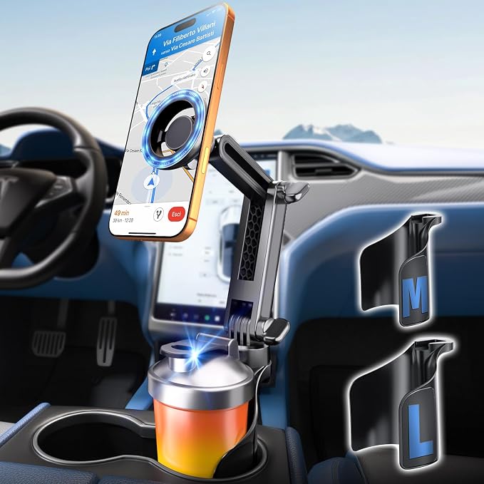 ELWEY Cup Holder Phone Holder for Magsafe, Car Phone Holder Magnetic, Upgraded 2 in 1 Cup Holder Phone Mount with Dual Adjustable Bases, Powerful N55 Magnet, 15" Height, for iPhone 17 Pro Max 16 15