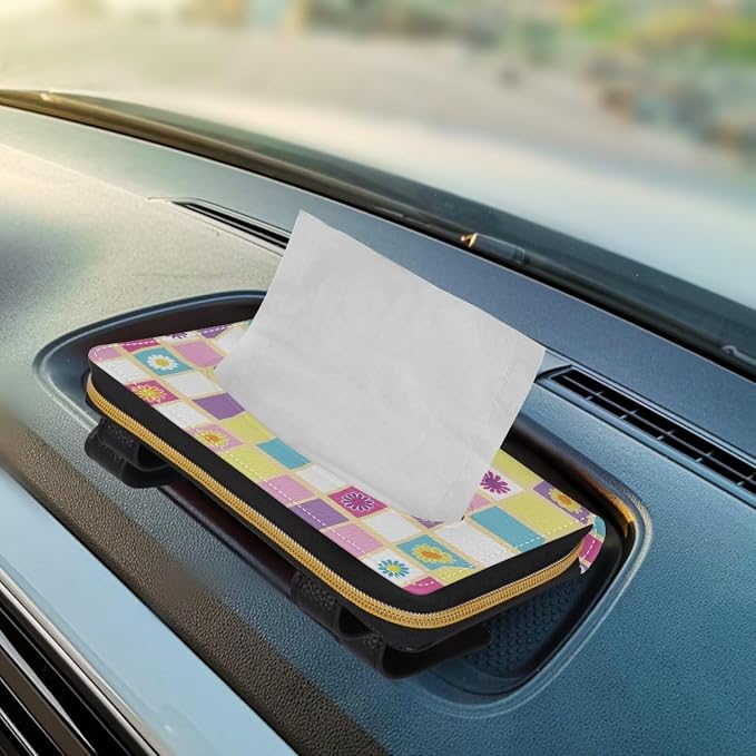 Daisy Color Plaid Car Visor Tissue Box Music Print Car Napkin Holder Daisy Car Mask Holder Tissue Holder PU Leather
