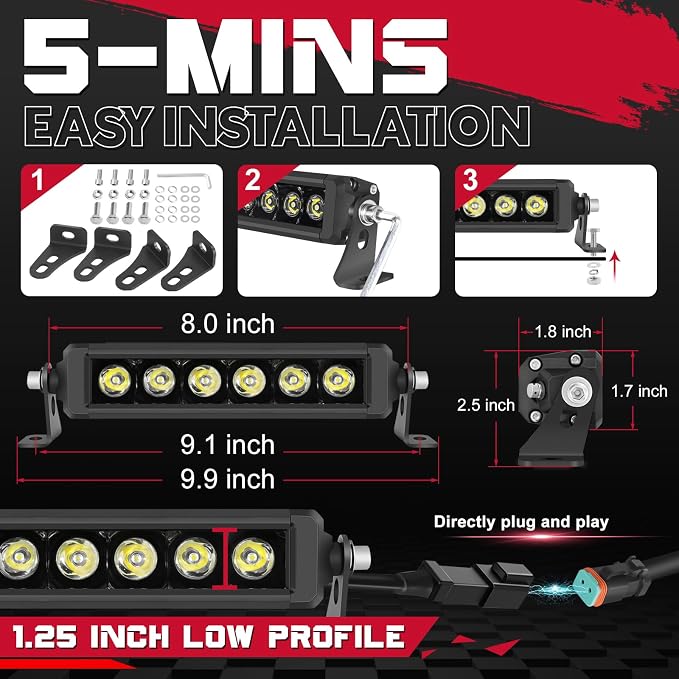 OFFROADTOWN 8 inch 120W LED Light Bar Single Row LED Pods Slim Offroad Driving Fog Work Lights Spot Bumper Light with Wiring Harness for Truck ATV UTV Jeep Motorcycle