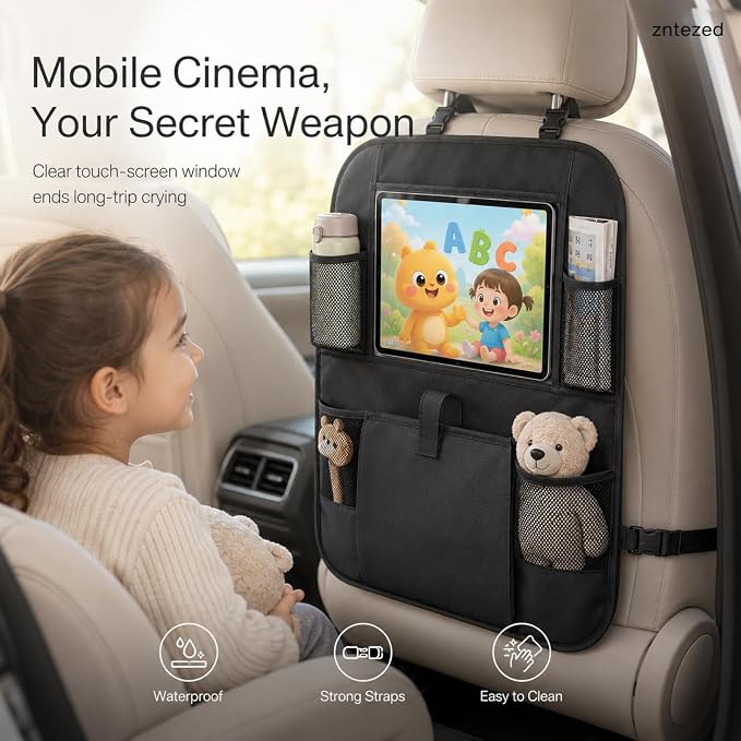 Car Backseat Organizer with 12 Storage Pockets, 12" Touch Screen Tablet Holder, Waterproof Kick Mats Seat Protector, Car Organizers and Storage for Kids, Road Trip Essentials(2 Pack,Black)