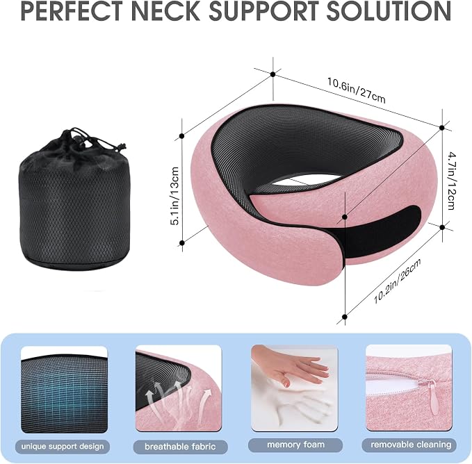 Neck Travel Pillows for Airplanes Memory Foam Neck Comfort Pillow Compact Ergonomic Design Sleeping Essentials for Long Flights Car Rides and Home Use (Pink)