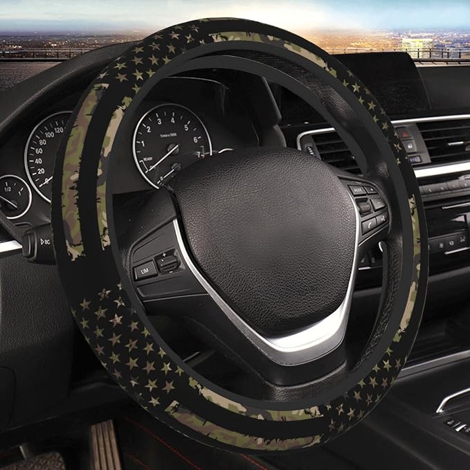 Camo American Flag Neoprene Steering Wheel Cover for Men Women Anti-Slip Elastic Steering Wheel Protective Cover 15in Universal Car Accessories Fit Cars, SUVs, Auto
