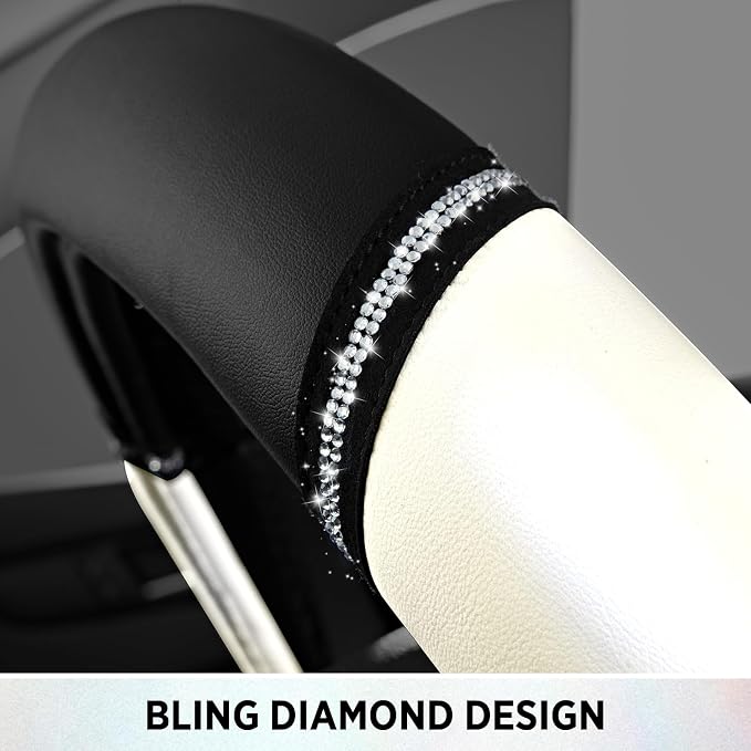 Road Comforts Leather Steering Wheel Cover - Made with PVC Leather - Anti-Slip, Universal Fit 14 1/2 inches to 15 inches - White
