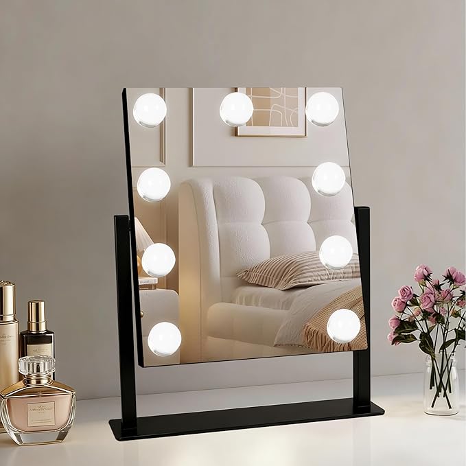 Moonee Vanity Mirror with Lights, Black Hollywood Lighted Makeup Mirror with 9 Dimmable Bulbs and 10X Magnification 360°Rotation, 3 Colors Modes, Light Up Mirror for Tabletop(12" x 14")