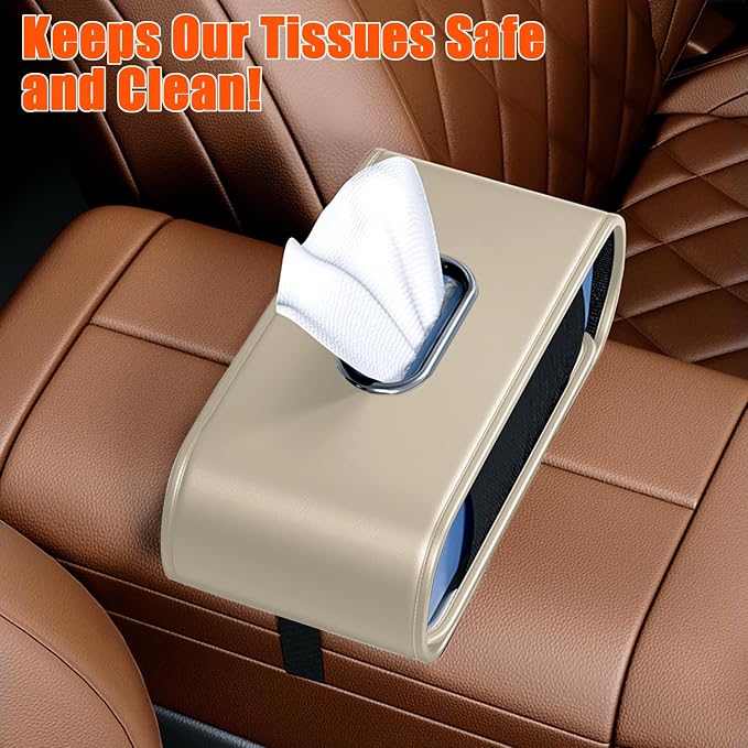 Car Tissue Holder, Car Kleenex Holder Backseat Fits 100-160 Count | Premium PU Leather,Keep Tidy,Universal,Large tissue box,Backseat Car Napkin Holder,Tissues Dispenser for Car,Beige