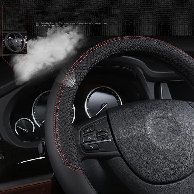 SHIAWASENA Car Steering Wheel Cover, Leather, Universal 15 Inch Fit, Anti-Slip & Odor-Free (Black&Blue)