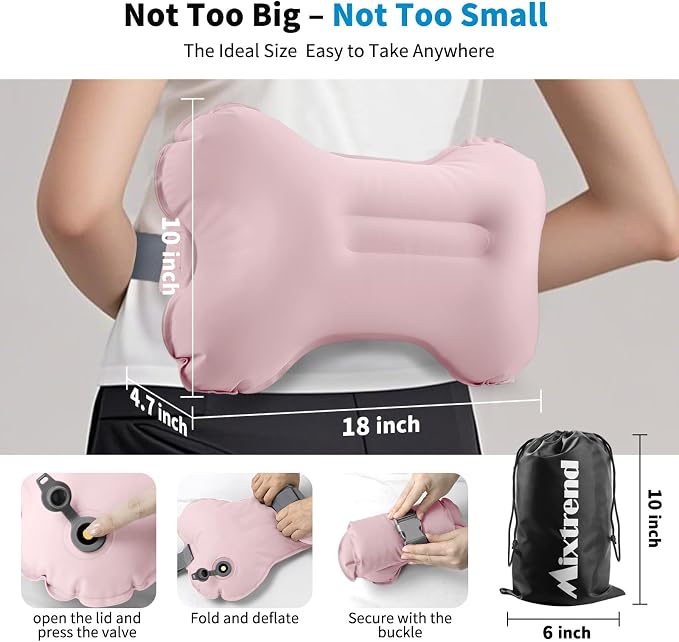 Mixtrend Travel Lumbar Pillow – Inflatable Memory Foam Back Support Cushion for Airplane, Car, Office Chair, Long Flight – Ergonomic Pain Relief for Women, Men & Kids(Blush Pink)