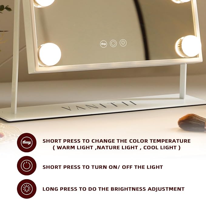 VANITII Lighted Vanity Hollywood Mirror with 12 Dimmable Bulbs Smart Touch Control 3 Colors Light for Tabletop, Detachable 10X Magnification