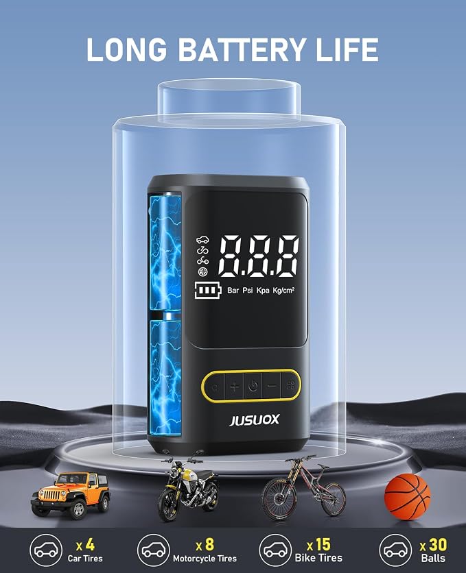 JUSUOX Tire Inflator Portable Air Compressor, Electric Bike Pump with Digital Pressure Gauge, 150 PSI Cordless Air Pump for Car Tires, Motorcycle, Bicycle, Ball with Auto Shutoff, LED Light