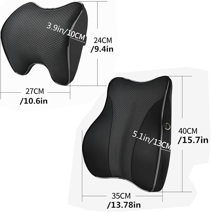 Lumbar Support and Car Neck Pillow for Office Chair and Car Seat ,Softness Memory Foam Erognomic Seat Cushion with Adjustable Strap,Comfortable Ergonomic Design (Black, Polyester)