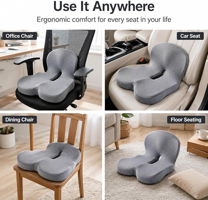 Orthopedic Memory Foam Car Seat Cushion for Sciatica & Back Pain Relief - Ergonomic Non-Slip Office Chair Cushion & Car Cushions for Long Driving with Lumbar Support, Universal Fit (Grey)