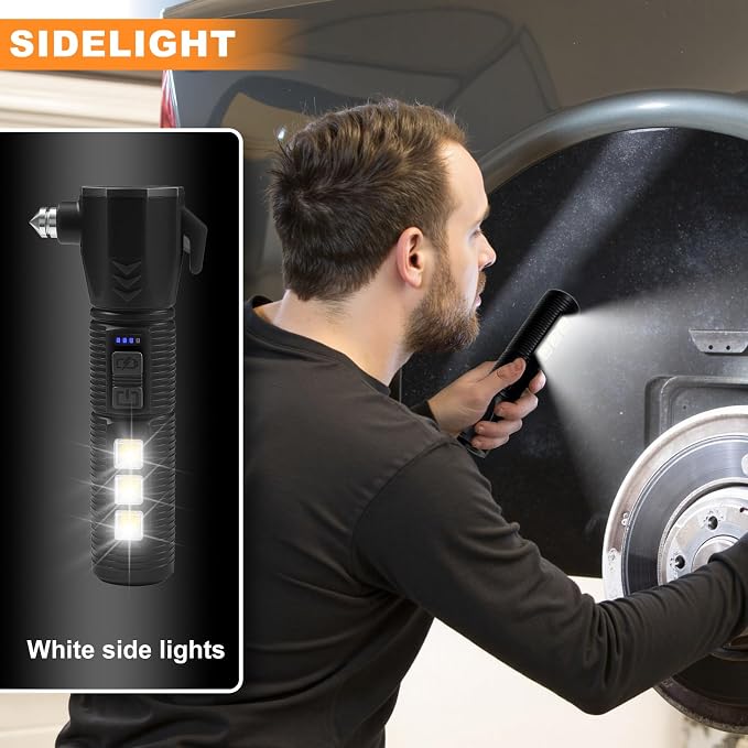 Emergency Car Flashlight - 2000 Lumen Dual Light 4-Level Battery Indicator Window Breaker & Seatbelt Cutter USB Rechargeable Ultra-Light 108g Car Emergency Too (2pcs-Black)