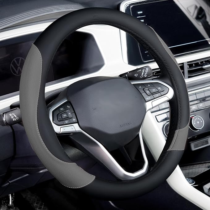 Coverado Car Steering Wheel Cover, Nappa Leather Black & Gray Steering Wheel Covers, Universal 14-15 inch, Anti-Slip, Breathable Steering Wheel Protector for Women Men