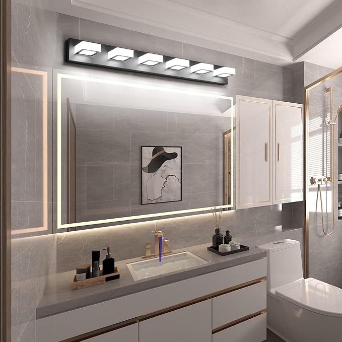 Ralbay Modern Matte Black Bathroom Vanity Light Fixtures 6 Lights Acrylic Modern LED Black Vanity Lights for Bathroom (4500K Neutral White Light)