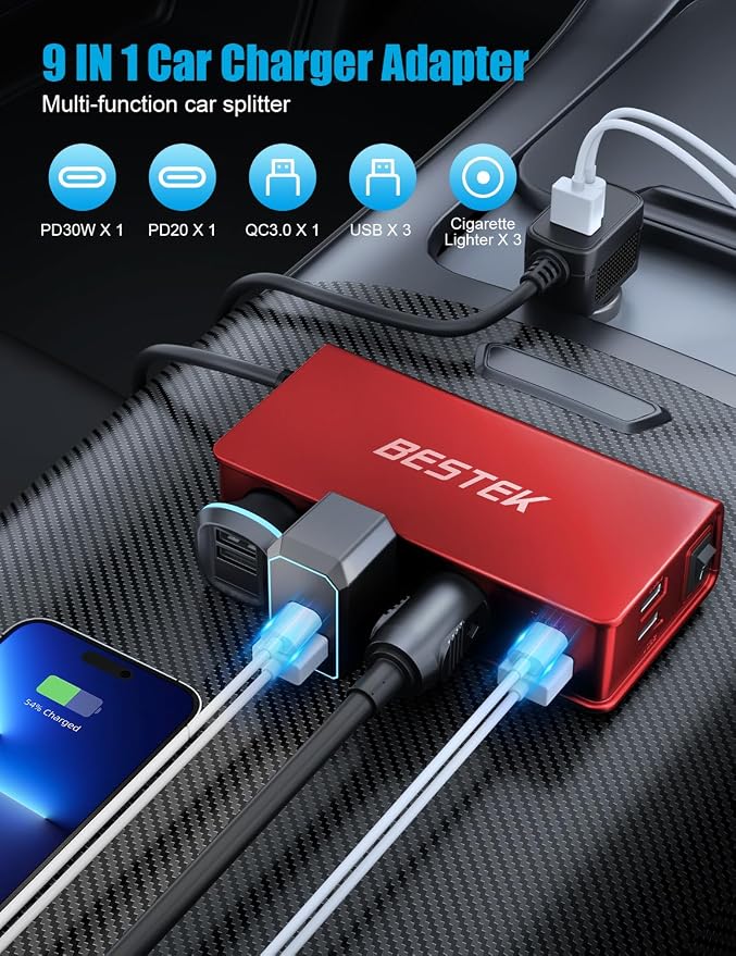BESTEK 148W Cigarette Lighter Splitter 9 in 1 Cigarette Lighter Adapter with 3-Socket PD 30W and QC3.0 18W Charging Ports LED Display Super Fast Charger for Dash Cam, GPS, iPad/Laptop/Phone(Red)