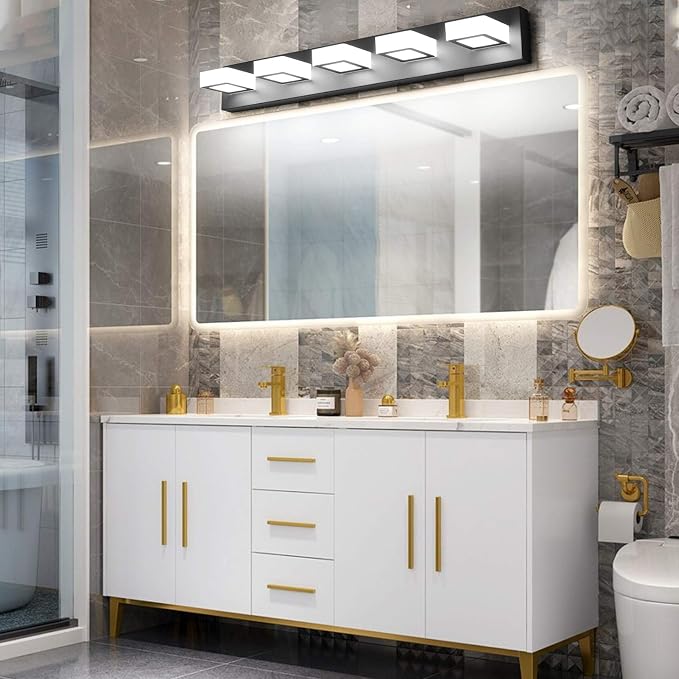 Ralbay LED Modern Black Vanity Lights 5 Lights Acrylic Matte Black Bathroom Vanity Lights Over Mirror