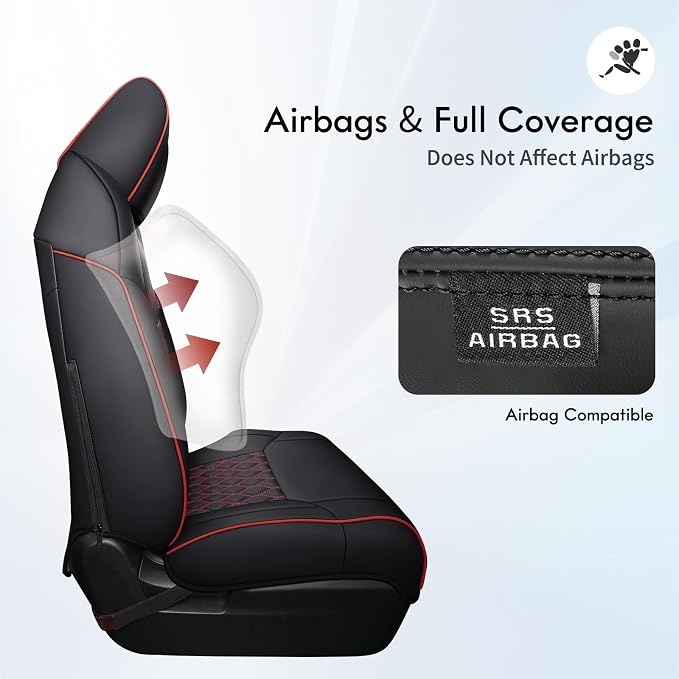 Huidasource Dodge Ram Seat Covers Full Set, Full Coverage Waterproof Leather Pickup Truck Seat Cushion Protector Fit for 2009-2018 1500, 2010-2025 2500/3500 Crew Mega Cab(Full Set/Black&Red)