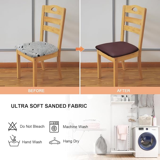 Leather Stretch Chair Seat Covers with Elastic Ties,Waterproof Dining Room PU Leather Chair Cover Seats,Removable Washable Chair Protector Seat Cushion Slipcovers for Home,Kitchen (Coffee, 4 PCS)