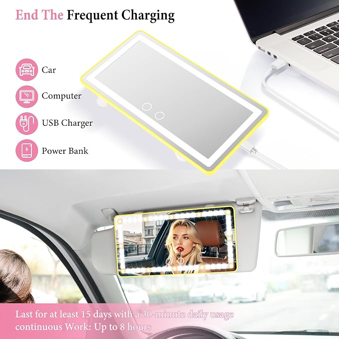 SINGARO 2PCS Car Sun Visor Vanity Mirror - Rechargeable Makeup Mirror with 60 LEDs, 3 Light Modes & Dimmable Touch Control for Cars, Trucks, SUVs, Car Interior Accessories for Women (Yellow)