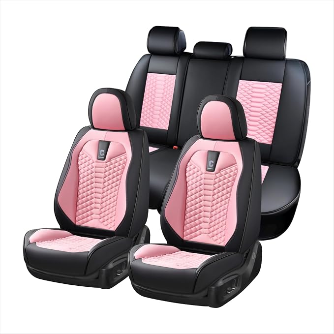 Coverado Car Seat Covers Full Set, 5 Seats Universal Seat Covers for Cars, Breathable Fabric& Faux Leather Auto Seat Cushions, Front and Rear Seat Protectors Fit for Most Sedans SUV Truck, Pink