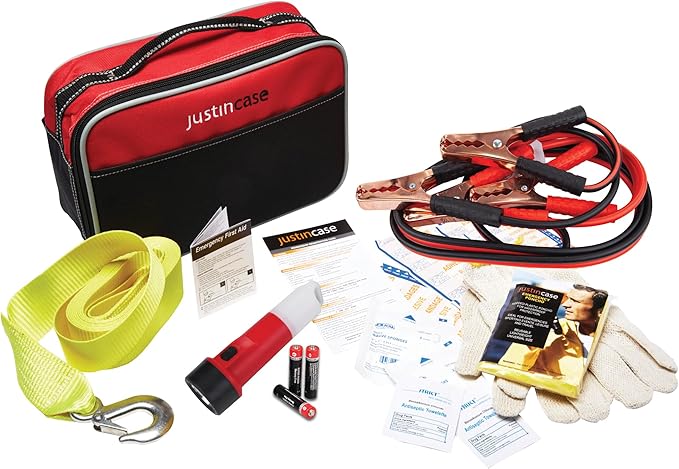 Justin Case Travel Pro Emergency Roadside Kit - Compact Car Safety Set with Jumper Cables, Tow Strap, Flashlight, Gloves, First Aid Kit & 1-Year Free Roadside Assistance