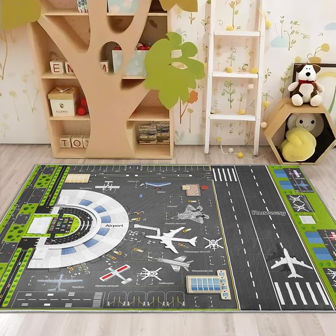 Kids Airport Runway Rug, Faux Wool Airplane Map, Non-Slip, 4 x 6 ft | Runway and airplane design; Aviation-themed play; Soft faux wool surface; Non-slip backing; Easy-care finish