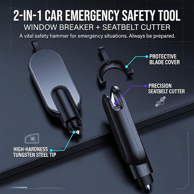 Terrastrike Car Escape Tool, Upgraded Car Escape Tool – 2-Pack Emergency Safety Hammer (Black (2 Pack))