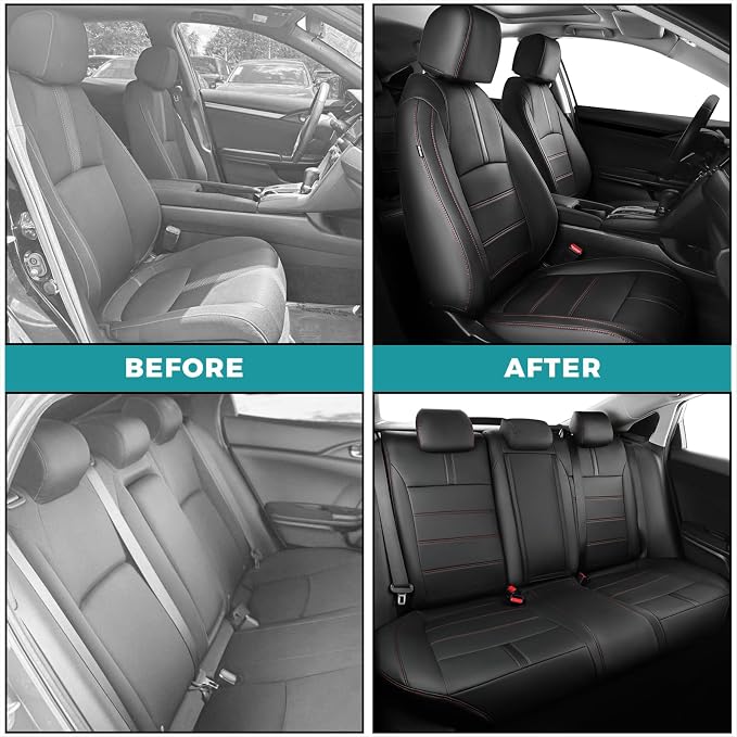 Seat Covers for Honda Civic Sedan EX-L, EX-T, EX, Touring, Sport 2016-2021, Faux Leather Car Seats Cover Full Set Waterproof Black Red Line (60/40 Split Seatback-with Rear Armrest)