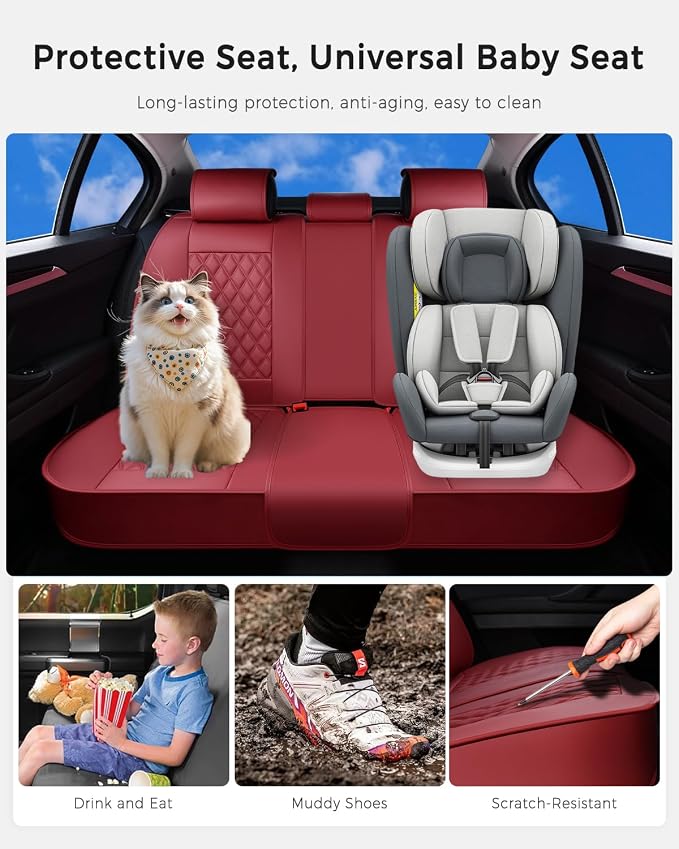 Huidasource Red Seat Covers, Car Seat Covers Nappa Leather Universal Fit for Most Cars, Vans, Trucks, SUVs, Compatible with Airbags, Child Seat, Automotive Seat Covers Velcro Adjustable (Full Set/Red)