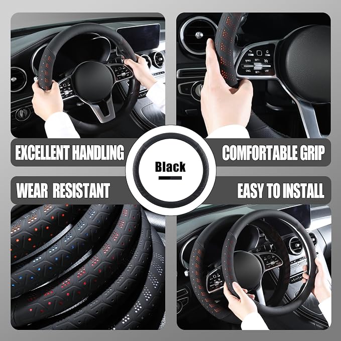 3D Slim Soft 16 inch Leather Steering Wheel Cover Black | Breathable Anti-Slip Premium Skin-Feel Perforated Thin Nappa Leather, Large 15.5 inch to 16 inch