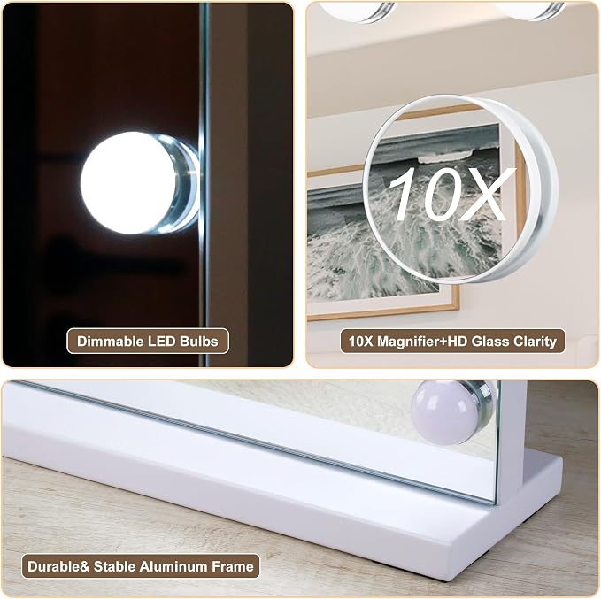 Moonee Vanity Mirror with Lights, Bluetooth Hollywood Lighted Makeup Mirror with 15 Dimmable Bulbs and 10X Magnification, 3 Colors Modes, Light Up Mirror, Gifts for Women, Girls(23" x 18")