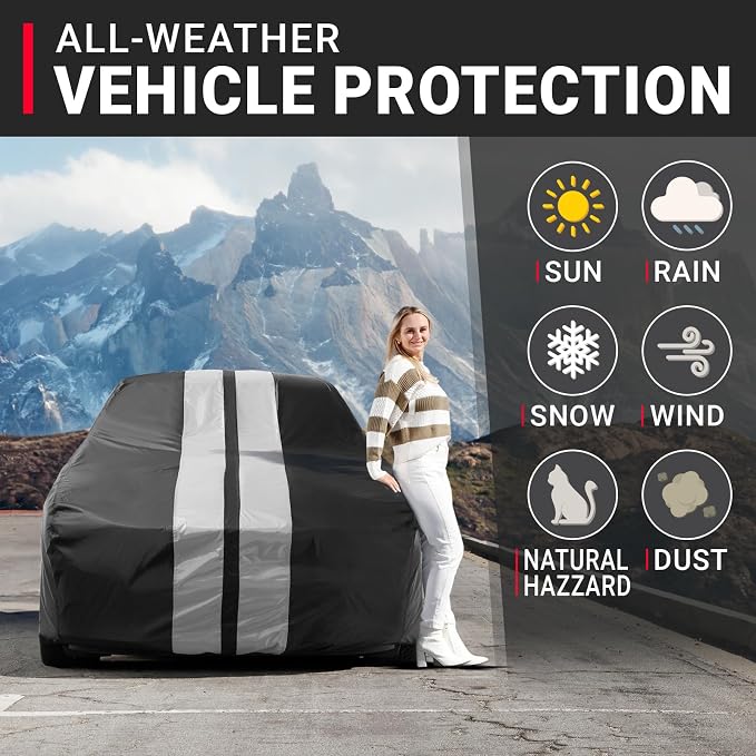 iCarCover Premium Heavy Duty Car Cover - Waterproof All Weather Rain UV Protection, El Camino, Monte Carlo, Thunderbird, Cutlass, Roadrunner, Belvedere, Size C18 (See Size Chart), Stripe - Black/Gray