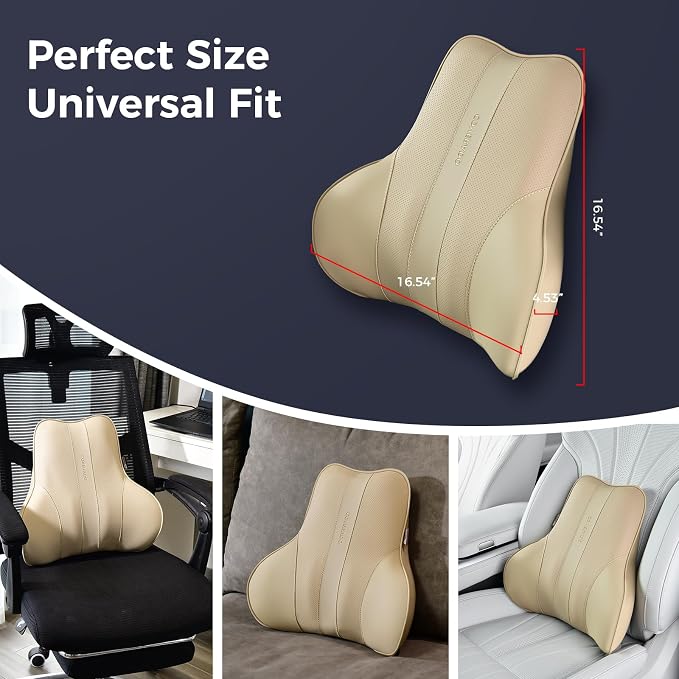 Coverado Lumbar Support Pillow for Car, Ergonomic Memory Foam Back Pillow for Office Chair, New Back Cushion for Pain Relief, PU Leather Car Lumbar Support for Driving Seat