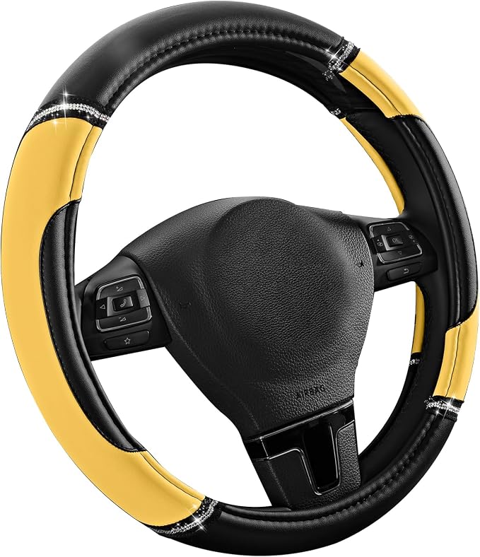 Road Comforts Leather Steering Wheel Cover - Made with PVC Leather - Anti-Slip, Universal Fit 14 1/2 inches to 15 inches - Yellow