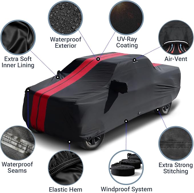 iCarCover Premium Heavy Duty Truck Car Cover - Waterproof All Weather Rain Snow UV Protection, F-150, Chevy C/K 1500 2500, Silverado, Ram, Tundra, Sierra, Size T77 (See Size Chart), Stripe - Black/Red