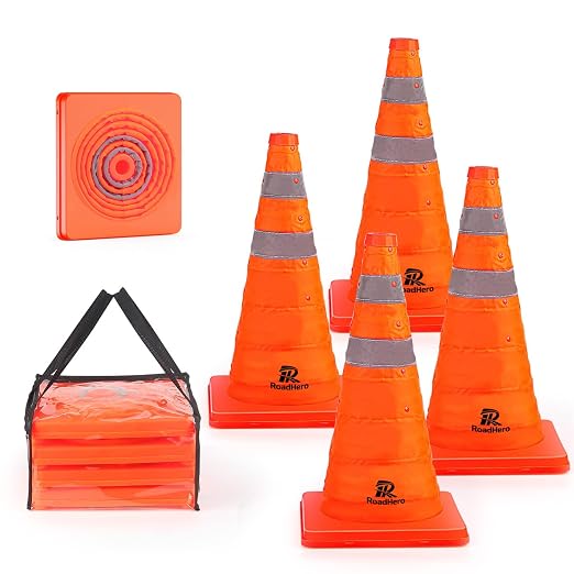 RoadHero 18 Inch 4 Pack Collapsible Traffic Safety Cones, Multi Purpose Pop-up Cones with Reflective Collar for Road Safety, Orange Cones for Driving Training, Parking Lots