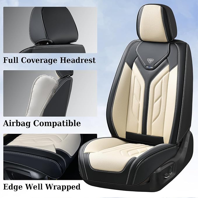 Coverado Seat Covers, Car Seat Covers Full Set, Leather Seat Covers for Cars, Automotive Seat Covers Car Seat Protector Car Accessories Fit for Most Sedans SUV Pick-up Truck(Black&Beige)