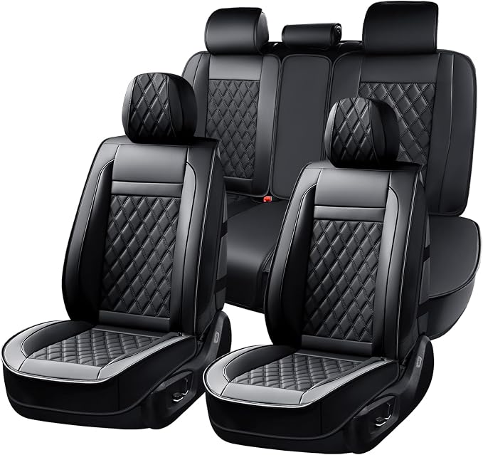 Huidasource Seat Covers Full Set, 5 Layers Full-Cover Leather Seat Cover Hollow Design Airbag Pops, Front & Back Seat, Seat Covers for Most Cars, Vans, Trucks, SUVs Universal Fit (Full Set/Black)