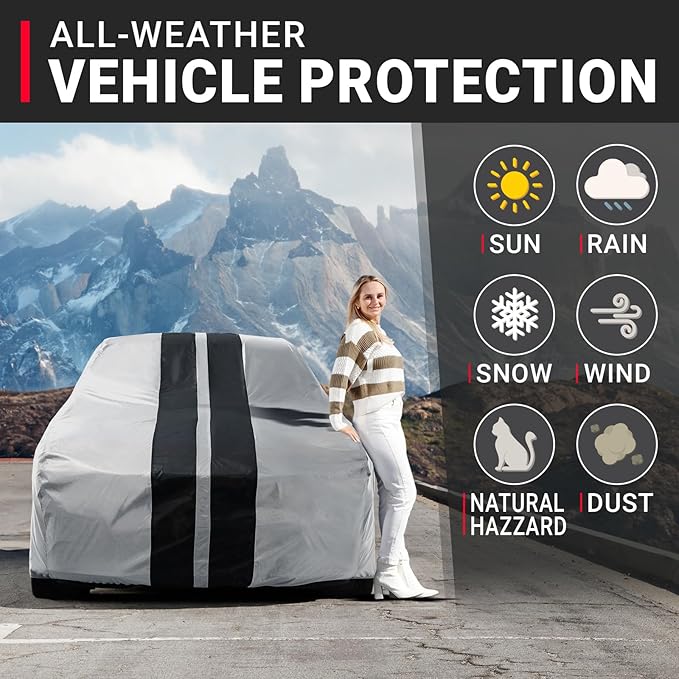 iCarCover Premium Heavy Duty Car Cover - Waterproof All Weather Rain Snow UV Protection, Grand Ville, Grand Prix, Fleetwood, De Ville, Caprice, Ranchero, Size C22 (See Size Chart) Stripe - Gray/Black