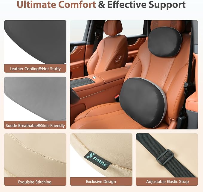 FLORICH Lumbar Support with Headrest Pillow Double-Sided Suede & Leather Car Neck Pillow and Back Cushion Kit Ergonomic Back Rest Pillow Neck Back Pain Relief for Car, Office Chair, Black