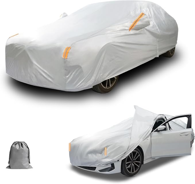 Caromop 10-Layer Waterproof Car Cover All Weather Protection (Snow, Rain, Sun) with Secure Fit Straps and Easy On/Off Zipper-Size A5 (See Size-Chart)