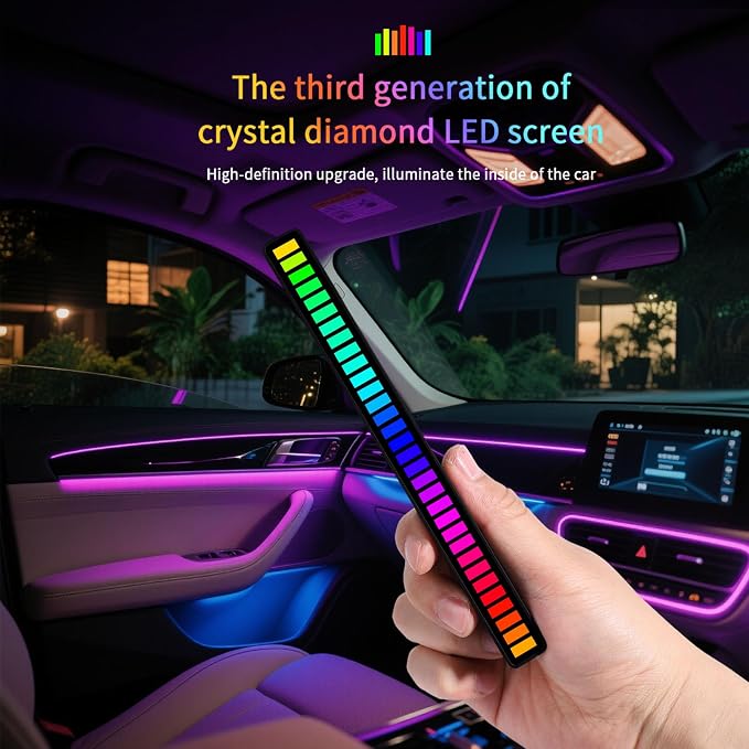RGB Sound-Activated Music Rhythm Car Ambient LED Strip Light, 2packs | Gaming or Party Atmosphere, Sound-Sensitive Pulsing, Rechargeable Battery, Soft RGB Lighting, Type-C Charging (App)