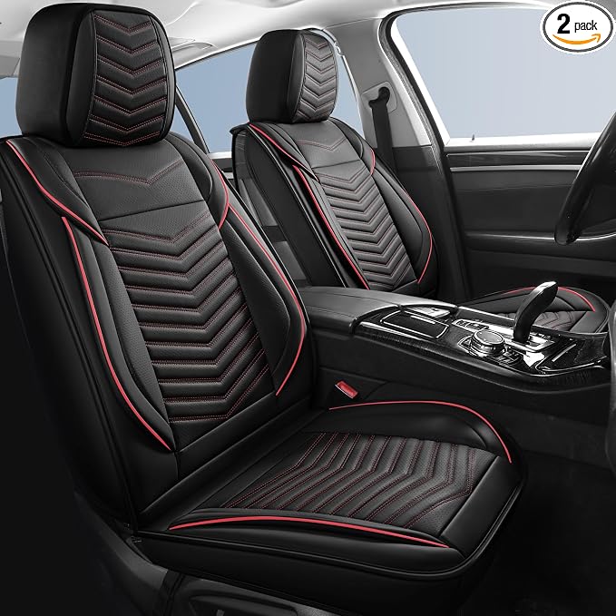 HChengkikz Front Car Seat Cover, Waterproof Faux Leather (Black + Redline) | Easy Maintenance, Airbag Compatible, Universal Fit For Most SUVs Trucks Pick-ups Sedans
