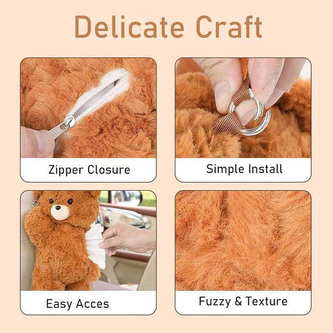 Tissue Box Cover Plush Tissue Box Holder for Car, Home, Decorative Holder/Organizer for Bathroom Vanity Countertop, Nightstands, Office Desk- Deep Brown Bear