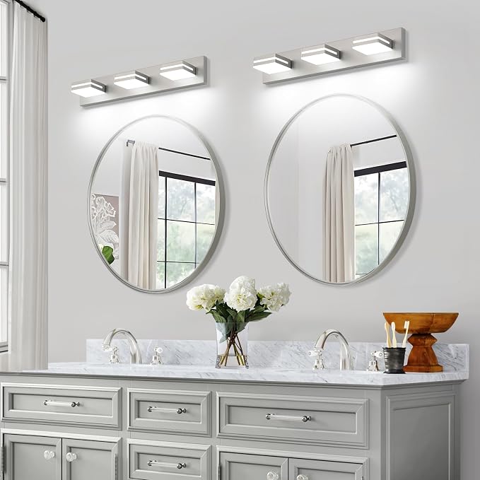 SineRise LED Modern Bathroom Vanity Light Fixtures (3-Light, 24-Inch, Dimmable), Brushed Nickel Modern Acrylic Bathroom Wall Lighting Fixtures Over Mirror (Cool White 6000K)